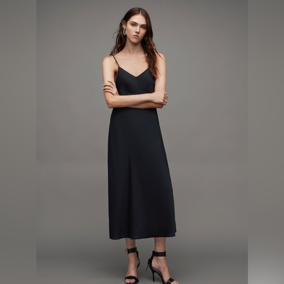Elegant Slip Dress All Saints Bryony V-Neck Midi Slip Dress Navy Midnight Blue - Picture 1 of 5